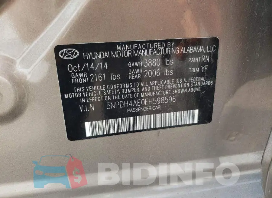 5NPDH4AE0FH598596 Photo# 12