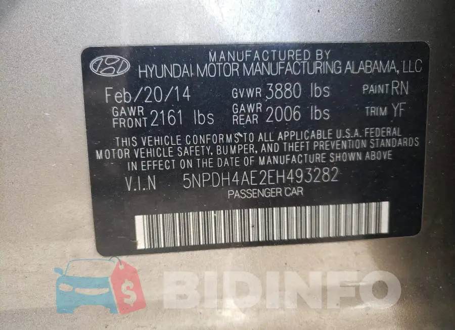5NPDH4AE2EH493282 Photo# 12