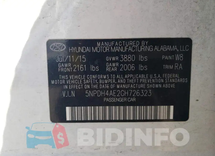 5NPDH4AE2GH726323 Photo# 12