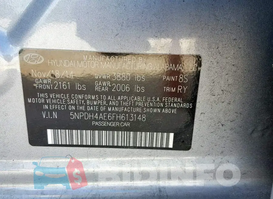 5NPDH4AE6FH613148 Photo# 10