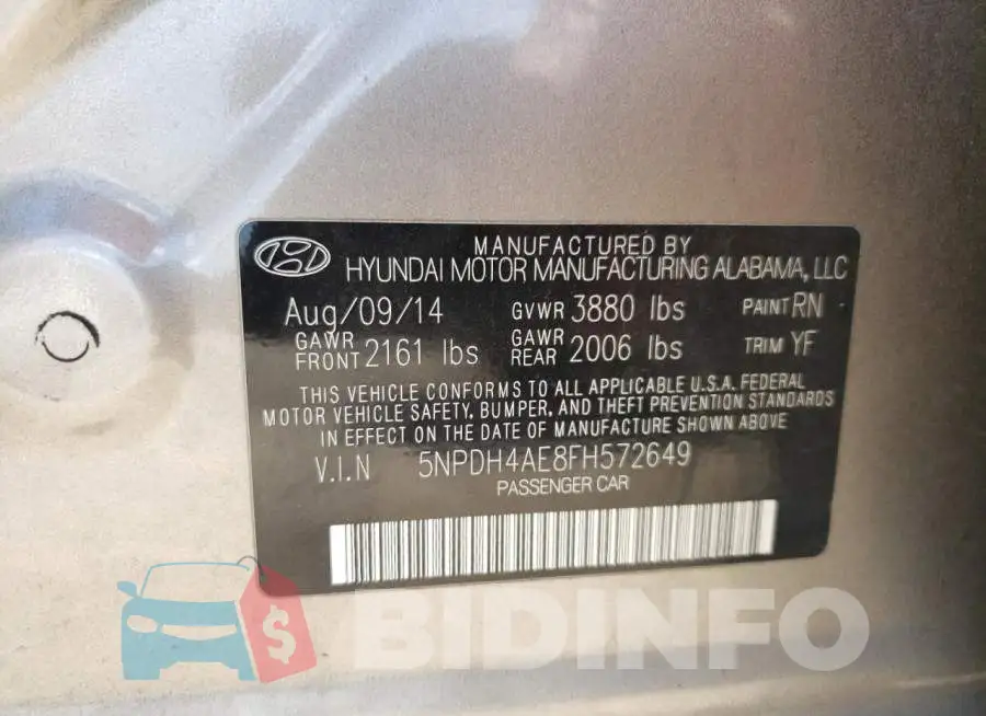5NPDH4AE8FH572649 Photo# 12