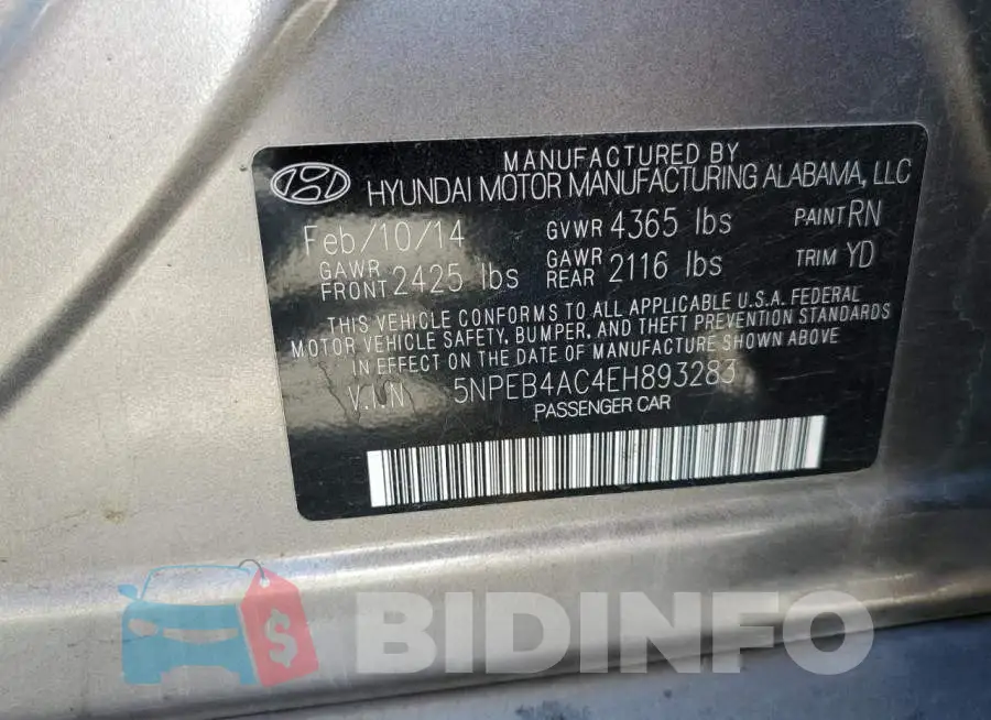 5NPEB4AC4EH893283 Photo# 12