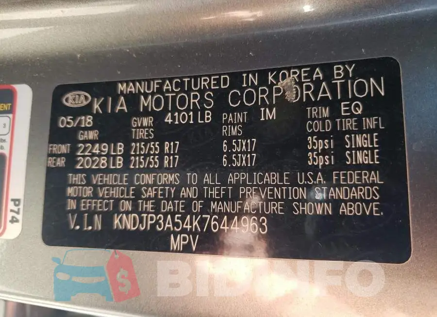 KNDJP3A54K7644963 Photo# 12