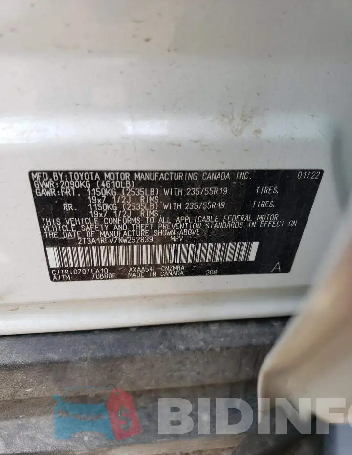 2T3A1RFV7NW252839 Photo# 13