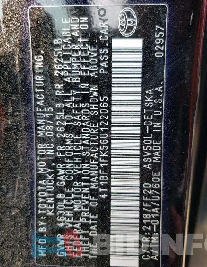 4T1BF1FK5GU122065 Photo# 12
