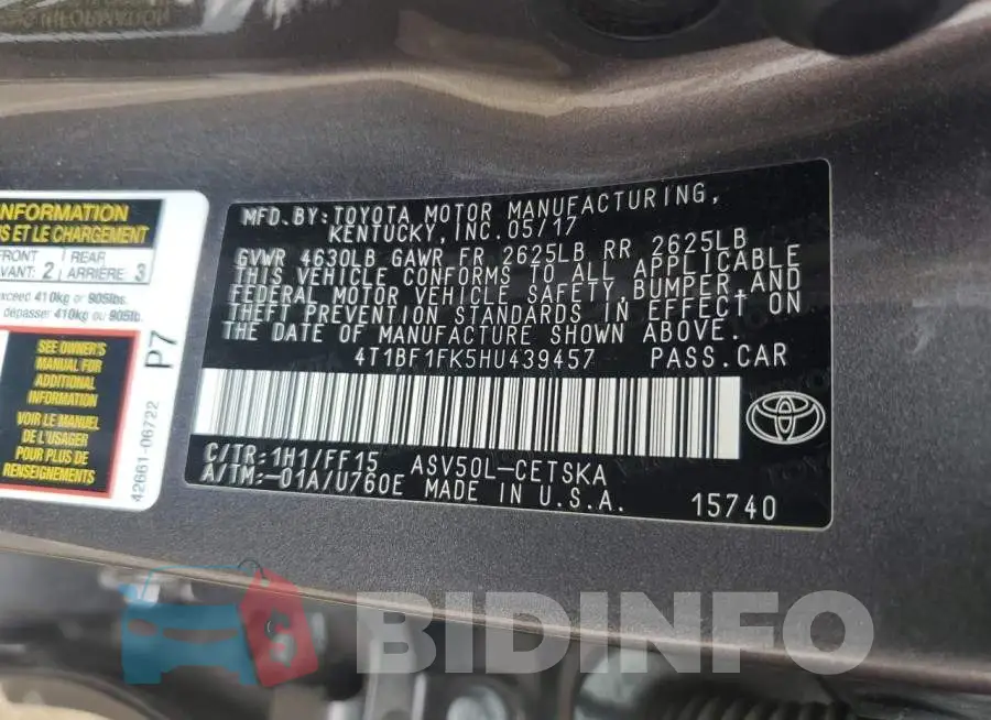 4T1BF1FK5HU439457 Photo# 12