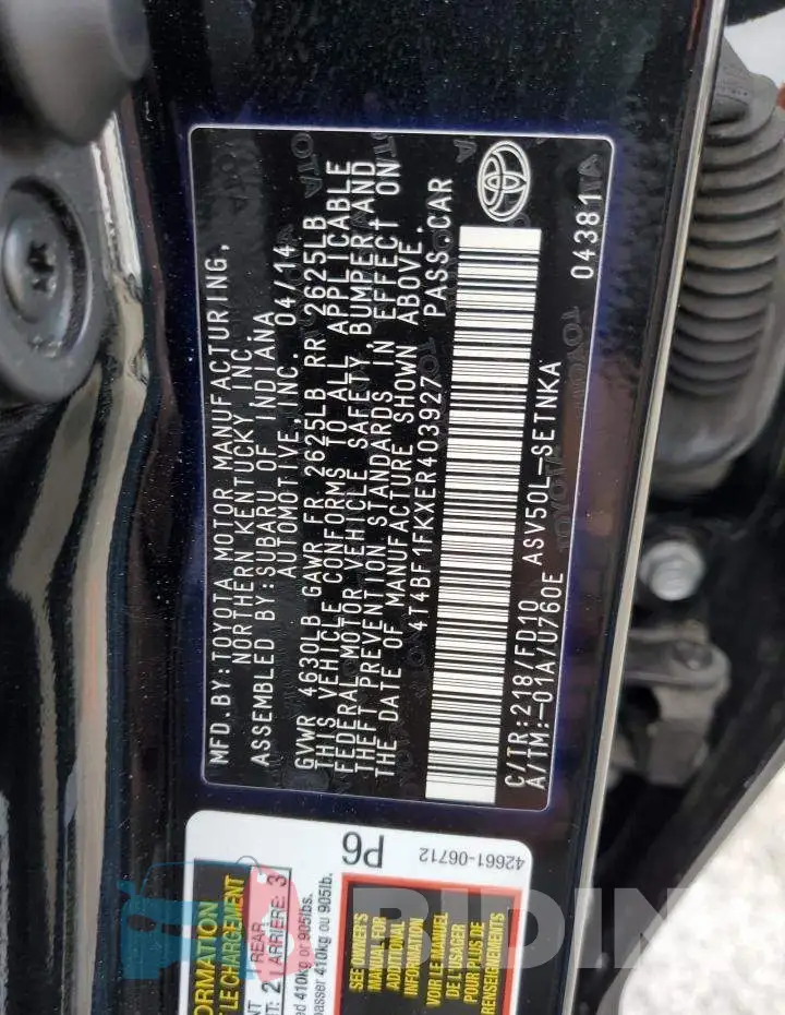 4T4BF1FKXER403927 Photo# 12