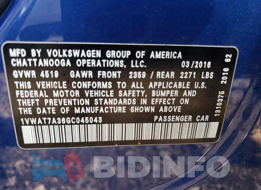 1VWAT7A36GC045043 Photo# 13