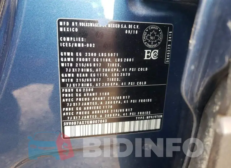 3VV0B7AX7KM007043 Photo# 13