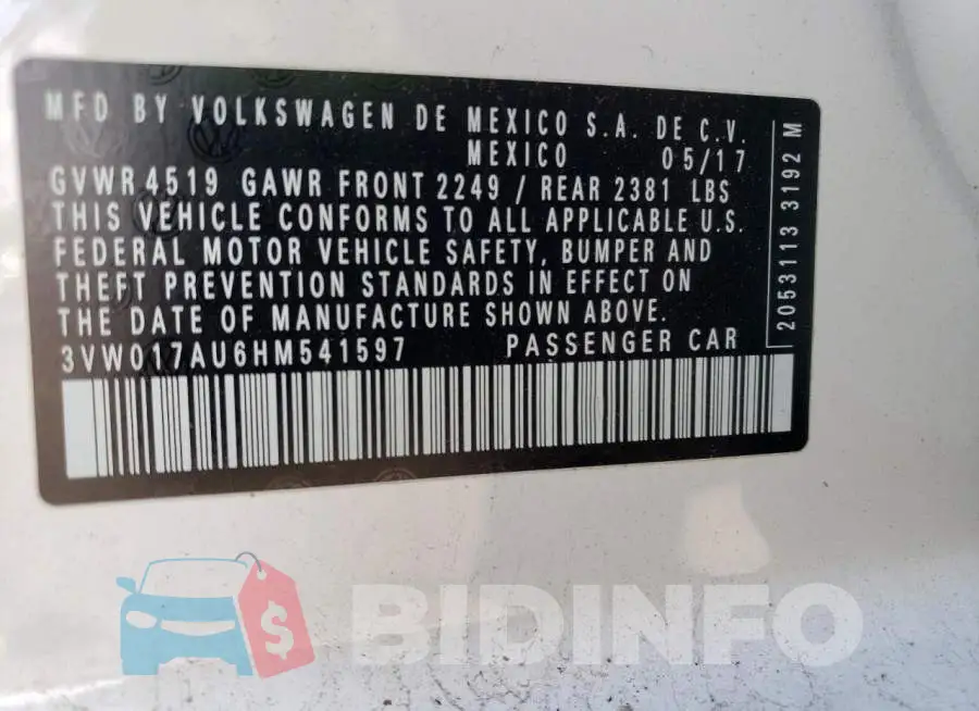 3VW017AU6HM541597 Photo# 13
