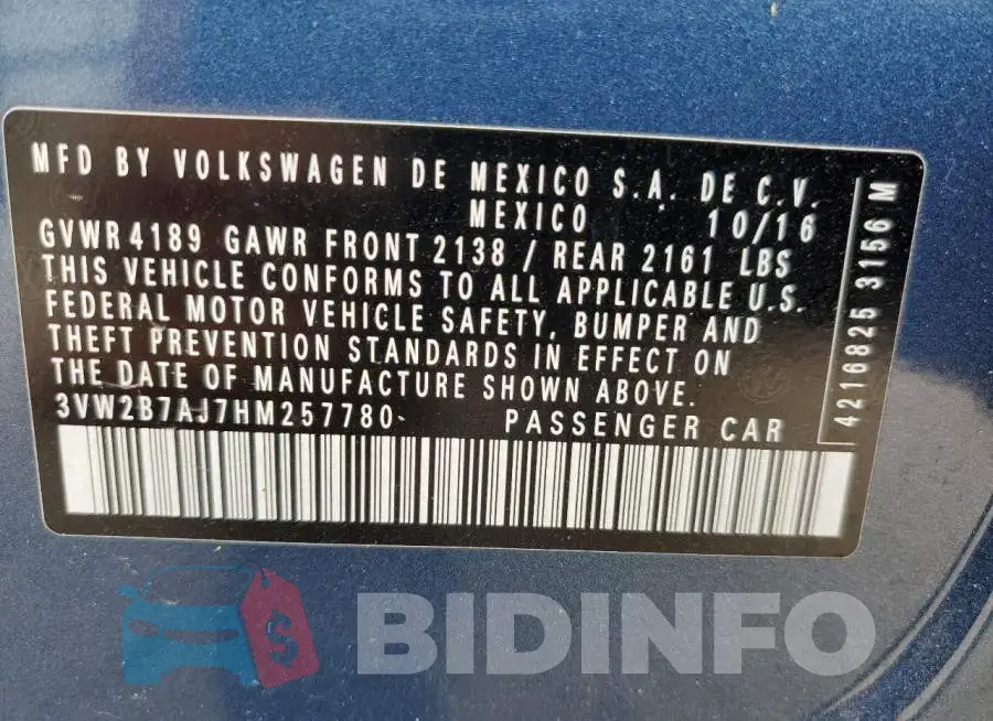 3VW2B7AJ7HM257780 Photo# 12