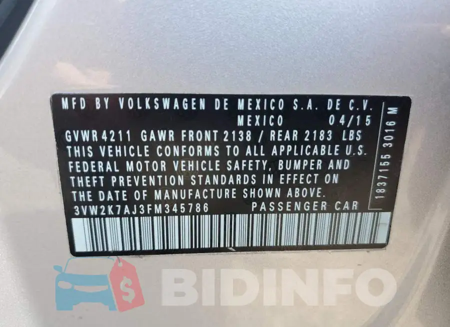 3VW2K7AJ3FM345786 Photo# 12