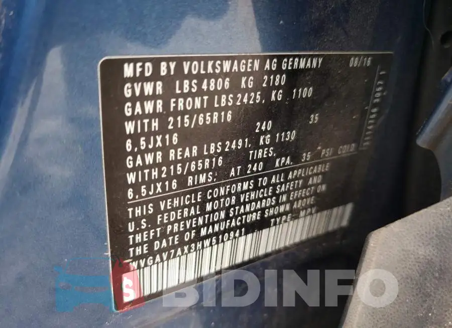 WVGAV7AX3HW510941 Photo# 12