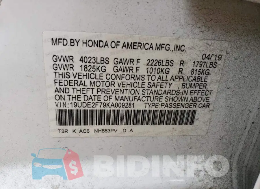 19UDE2F79KA009281 Photo# 12