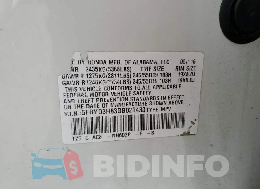 5FRYD3H63GB020433 Photo# 13
