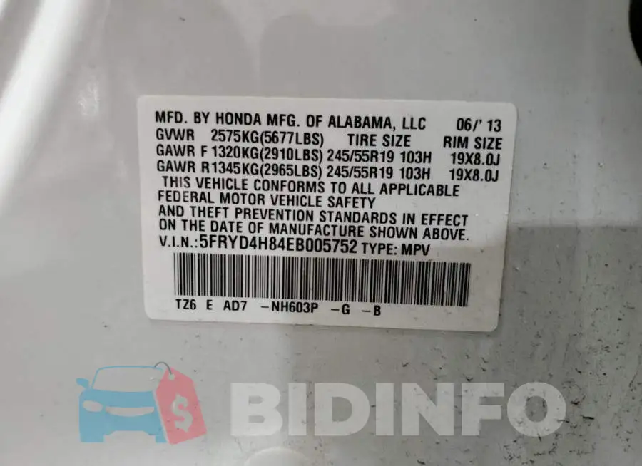 5FRYD4H84EB005752 Photo# 13