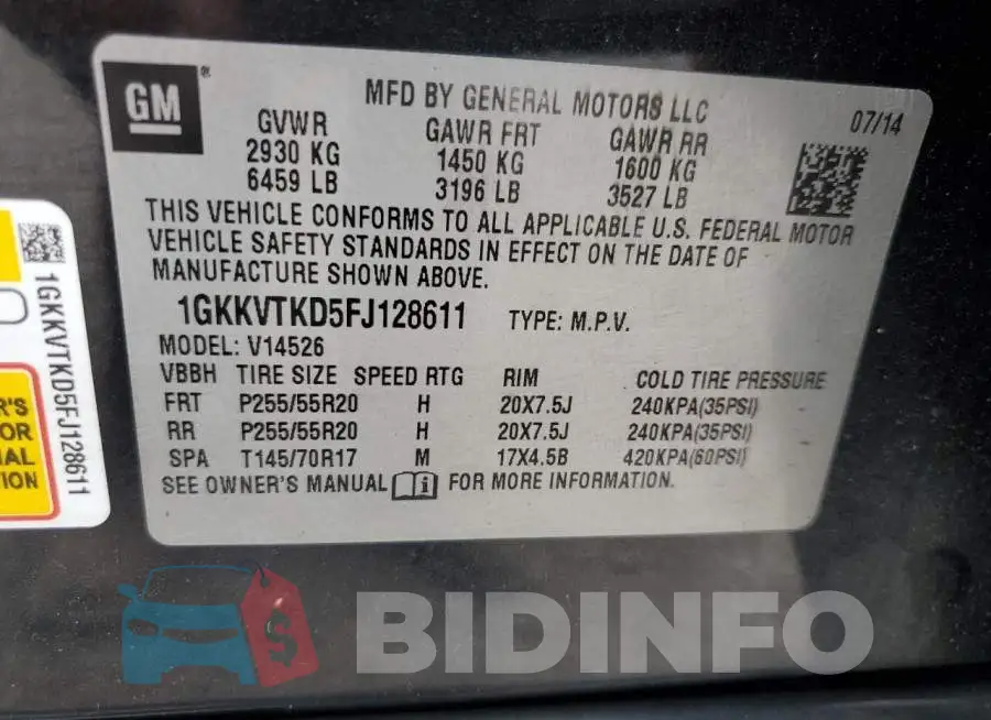 1GKKVTKD5FJ128611 Photo# 14