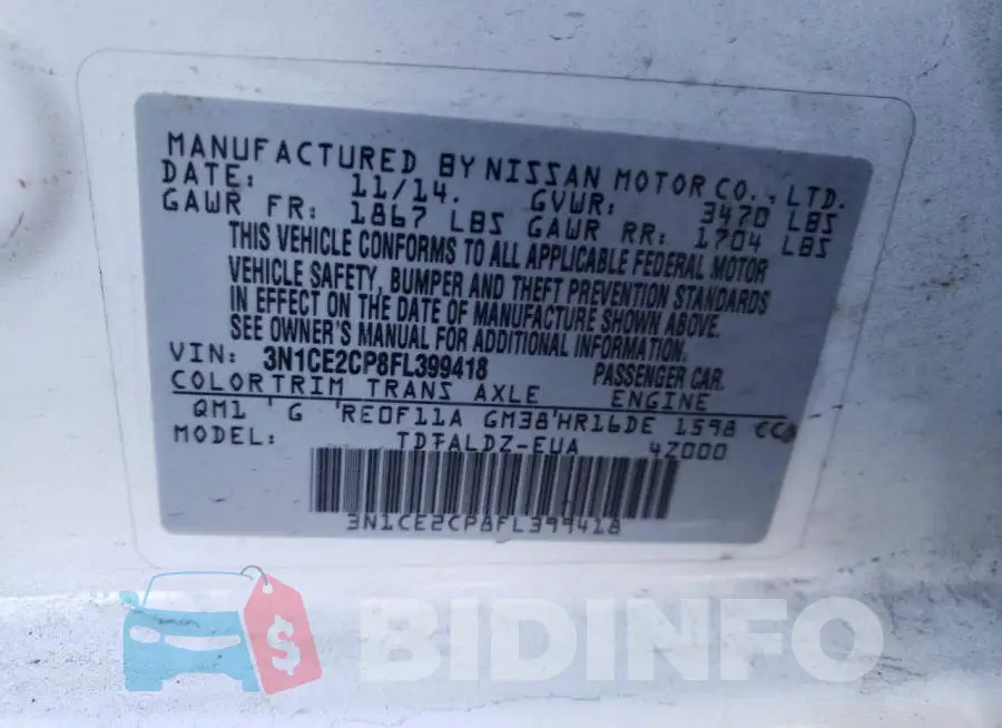 3N1CE2CP8FL399418 Photo# 12