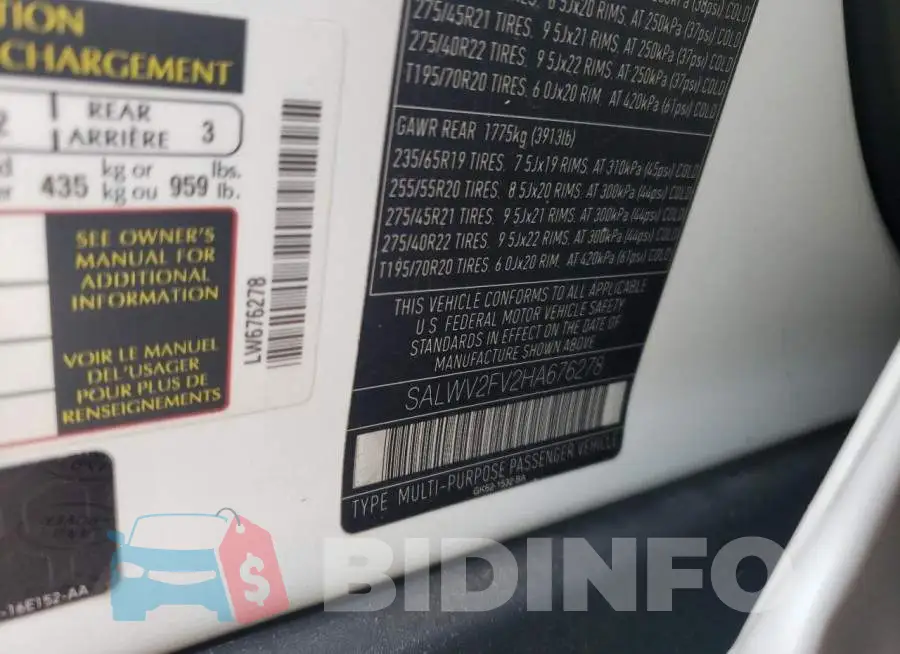SALWV2FV2HA676278 Photo# 13