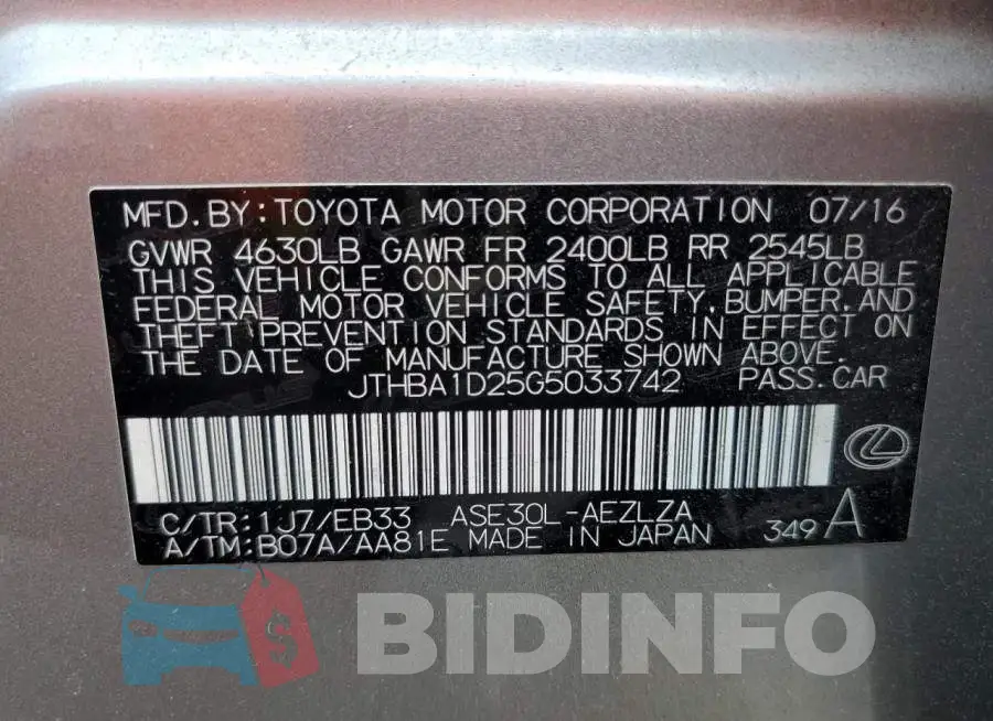 JTHBA1D25G5033742 Photo# 12