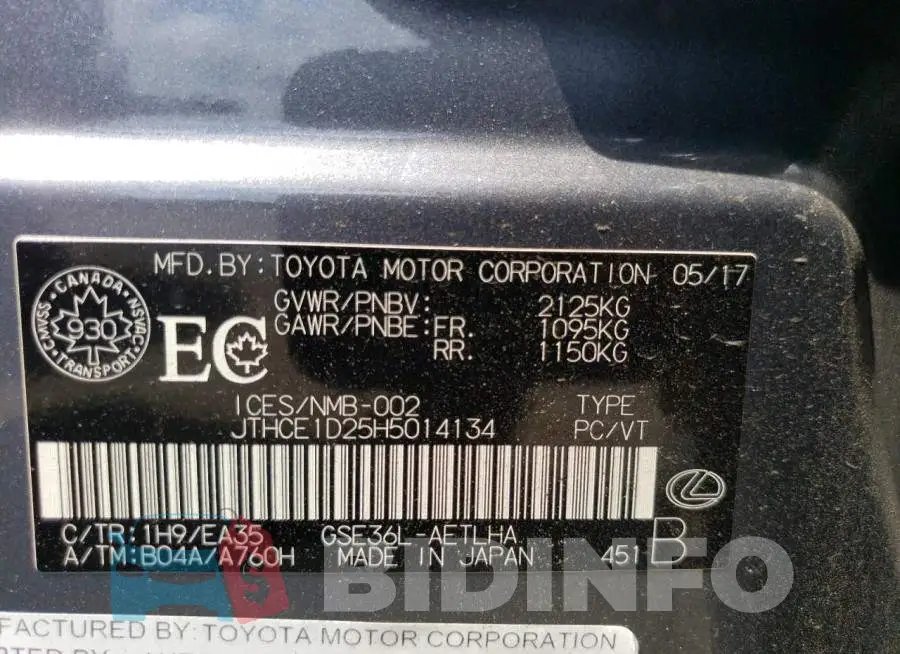 JTHCE1D25H5014134 Photo# 12