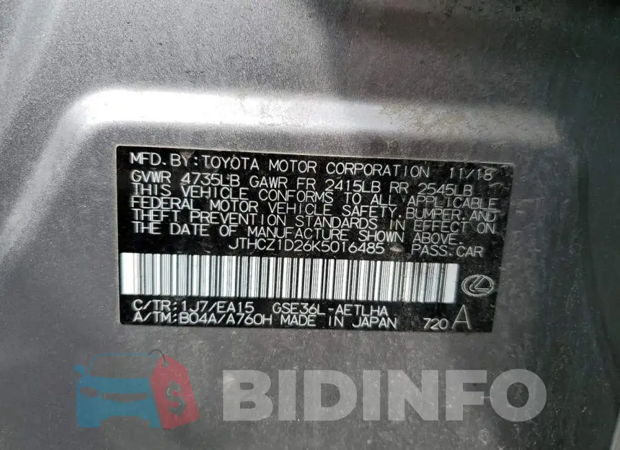 JTHCZ1D26K5016485 Photo# 12