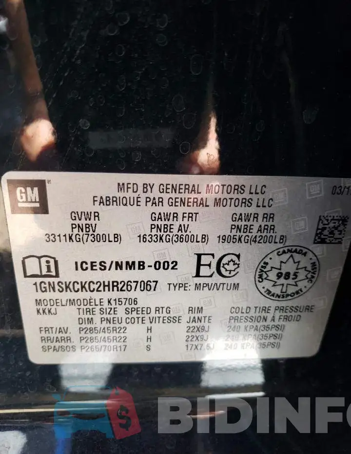 1GNSKCKC2HR267067 Photo# 12