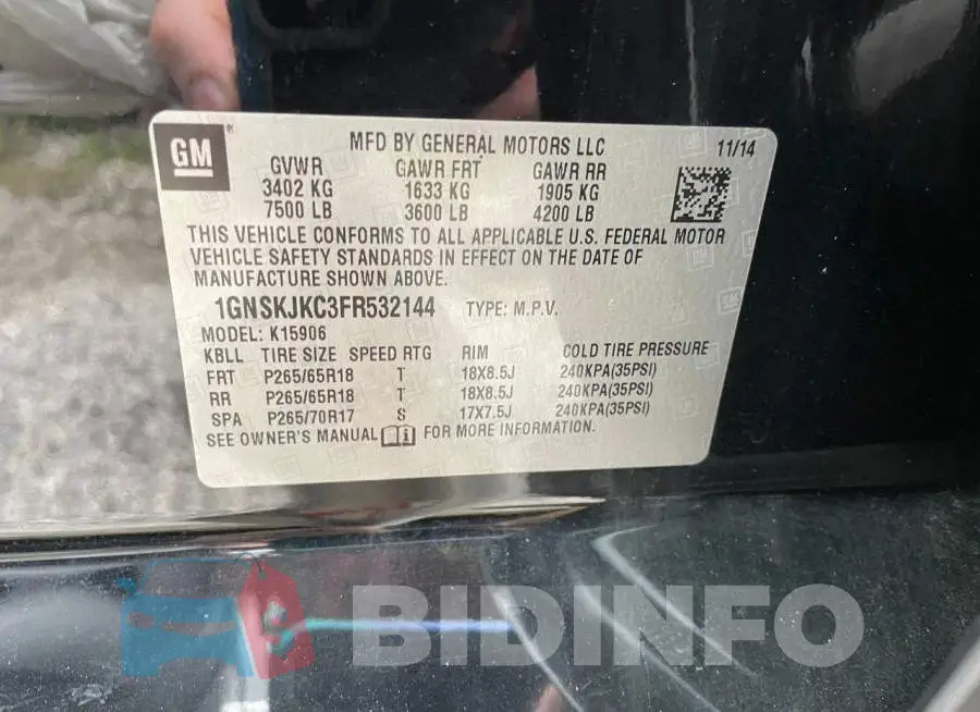 1GNSKJKC3FR532144 Photo# 10