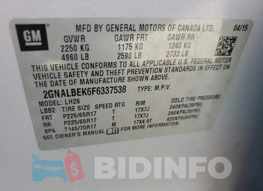 2GNALBEK6F6337538 Photo# 10