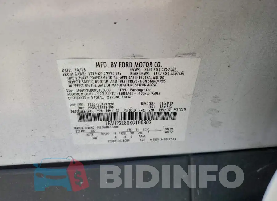 1FAHP2E80KG100303 Photo# 13