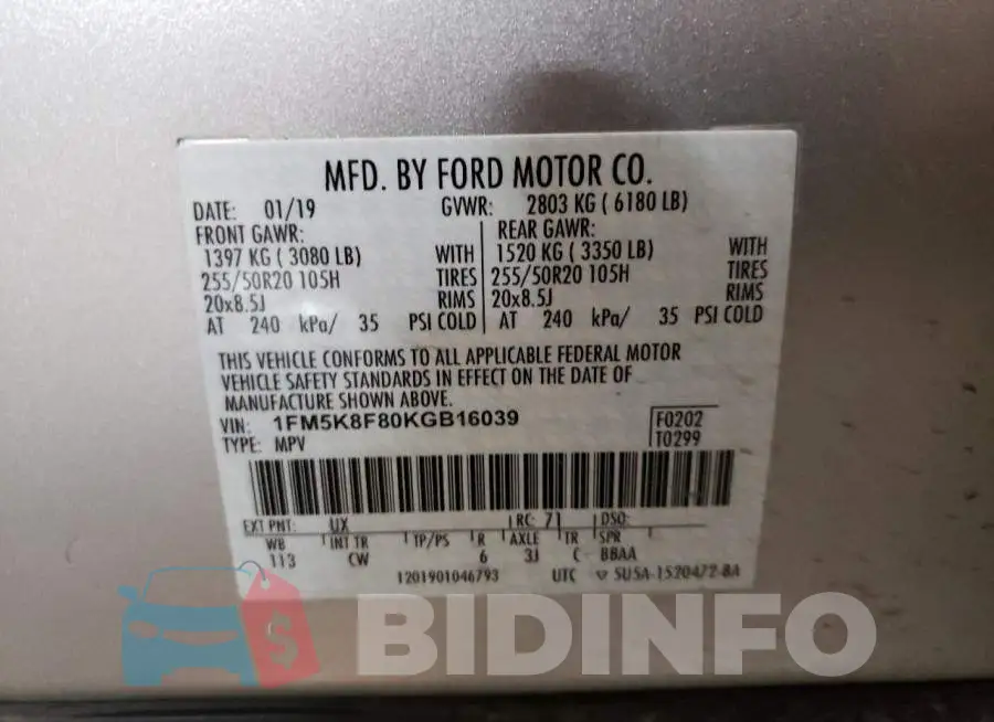 1FM5K8F80KGB16039 Photo# 13