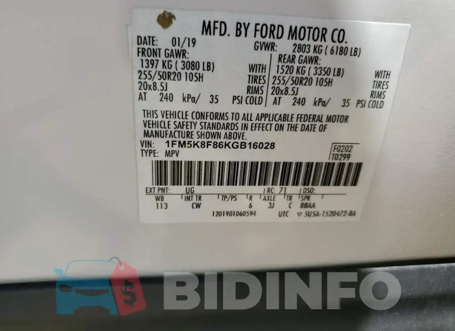 1FM5K8F86KGB16028 Photo# 14
