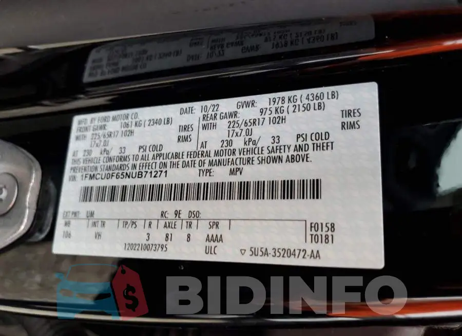 1FMCU0F65NUB71271 Photo# 14