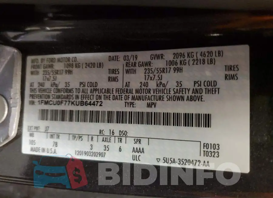 1FMCU0F77KUB64472 Photo# 13