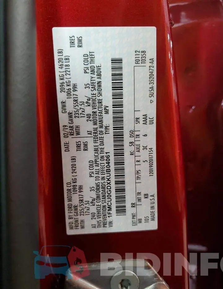1FMCU0GDXKUB04061 Photo# 13