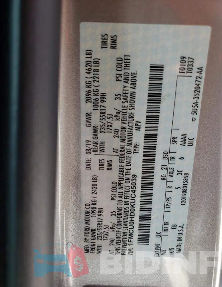 1FMCU0HD0KUC45039 Photo# 13