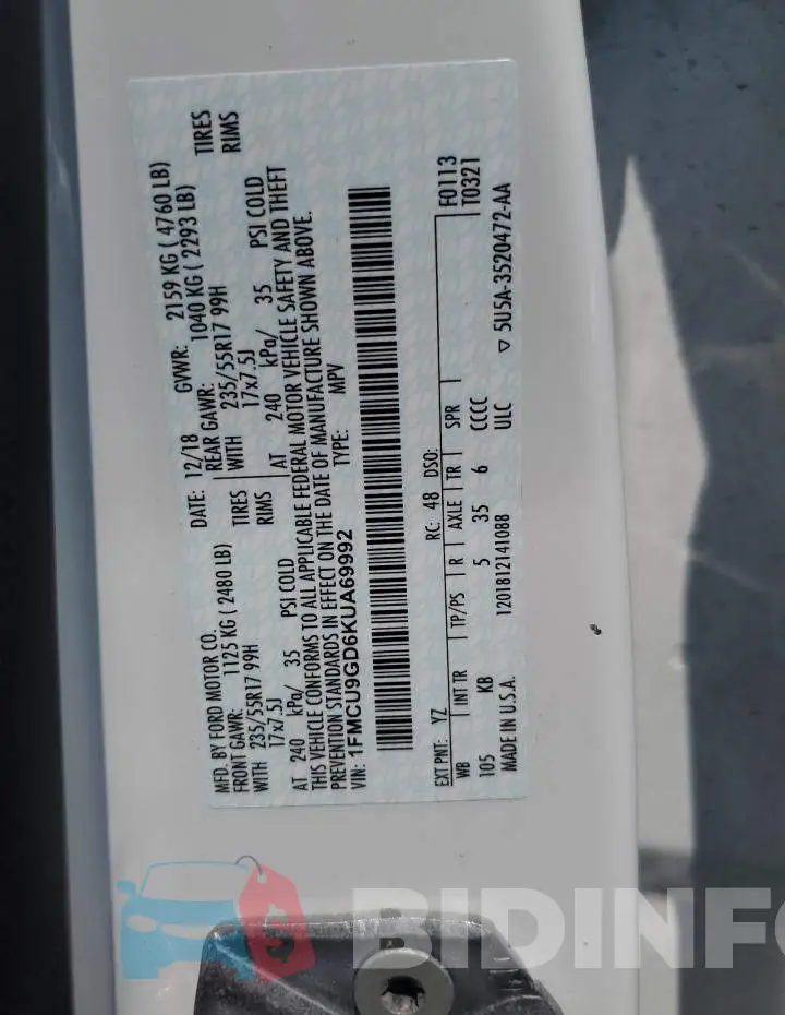 1FMCU9GD6KUA69992 Photo# 13