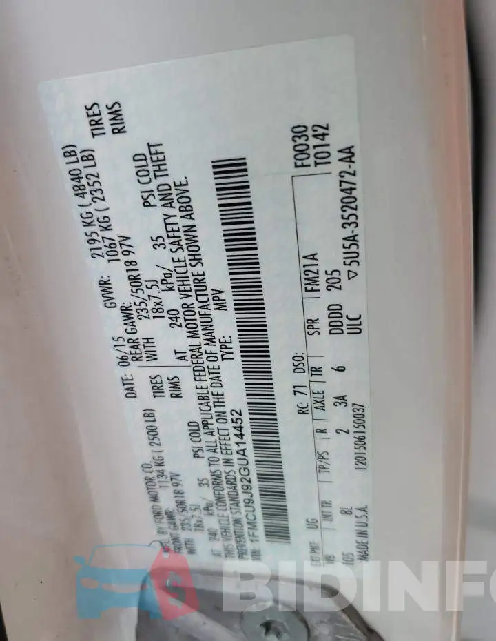1FMCU9J92GUA14452 Photo# 13