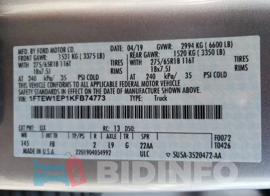1FTEW1EP1KFB74773 Photo# 13
