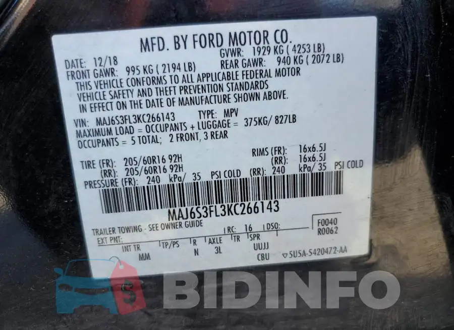 MAJ6S3FL3KC266143 Photo# 13