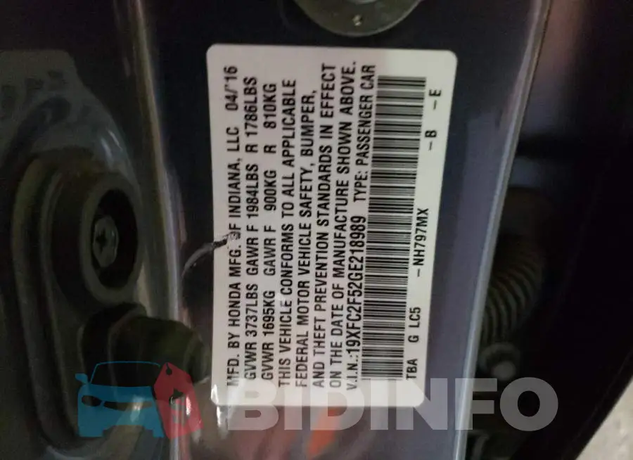 19XFC2F52GE218989 Photo# 12