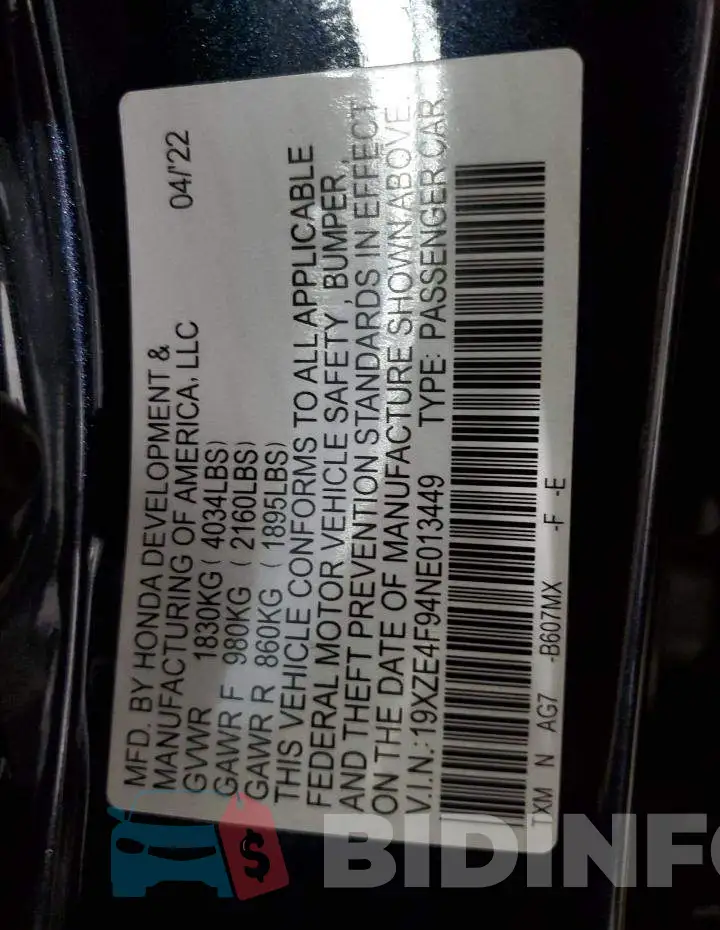 19XZE4F94NE013449 Photo# 12