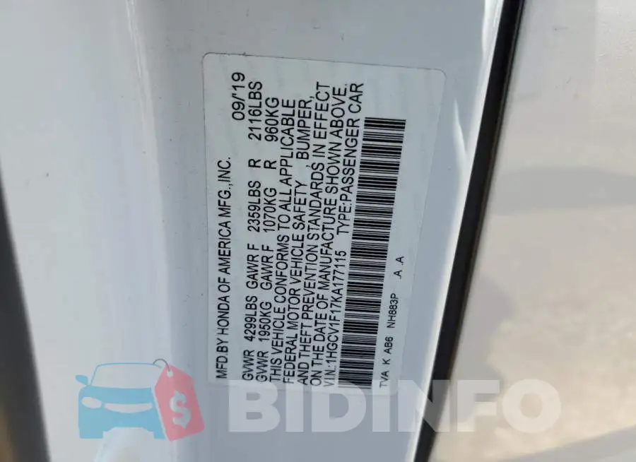 1HGCV1F17KA177115 Photo# 12