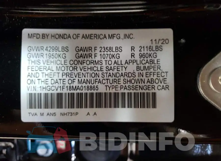 1HGCV1F18MA018865 Photo# 12