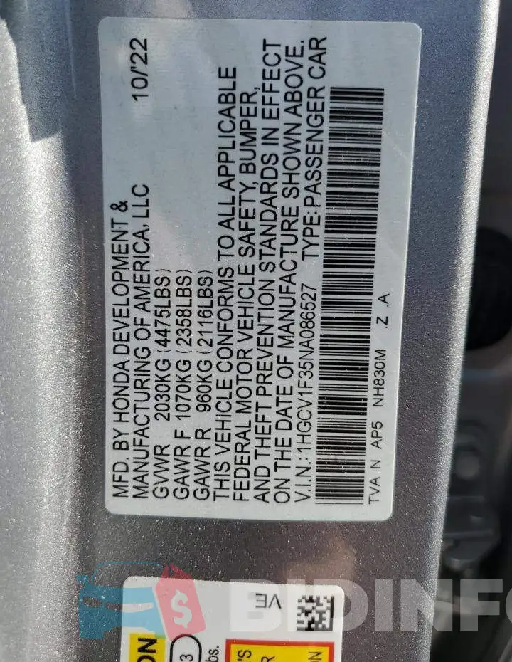 1HGCV1F35NA086527 Photo# 12