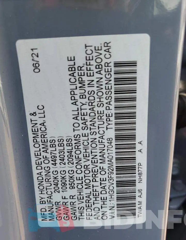 1HGCV3F92MA017048 Photo# 12