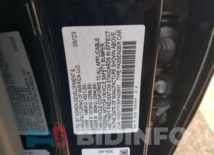 1HGCY1F3XPA028651 Photo# 13