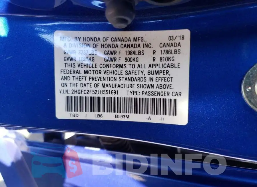 2HGFC2F52JH551691 Photo# 13