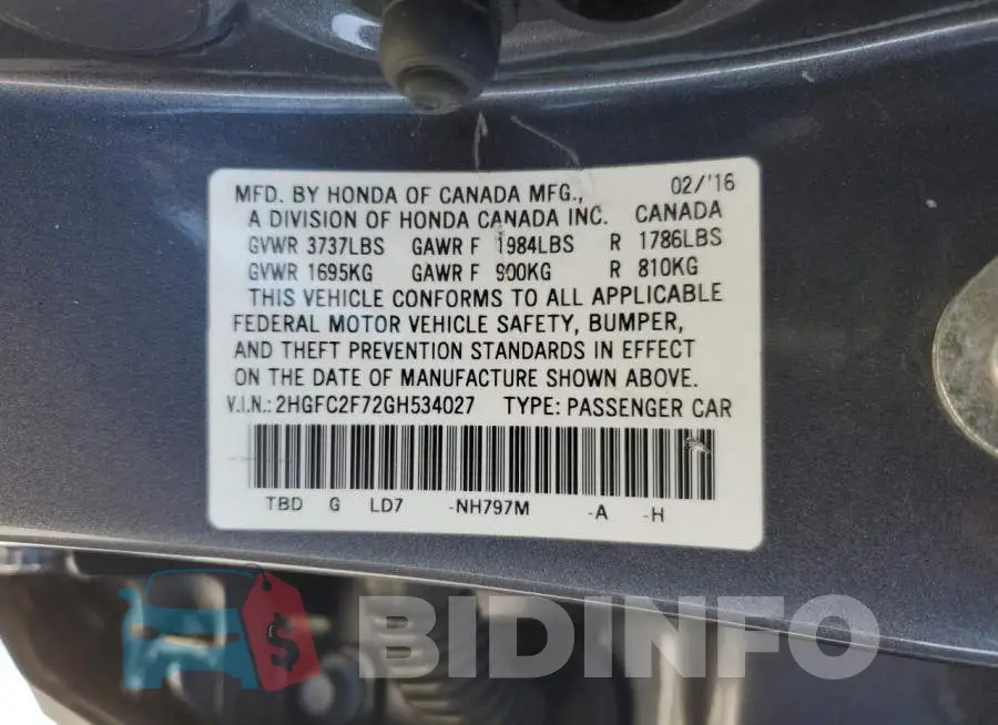 2HGFC2F72GH534027 Photo# 12