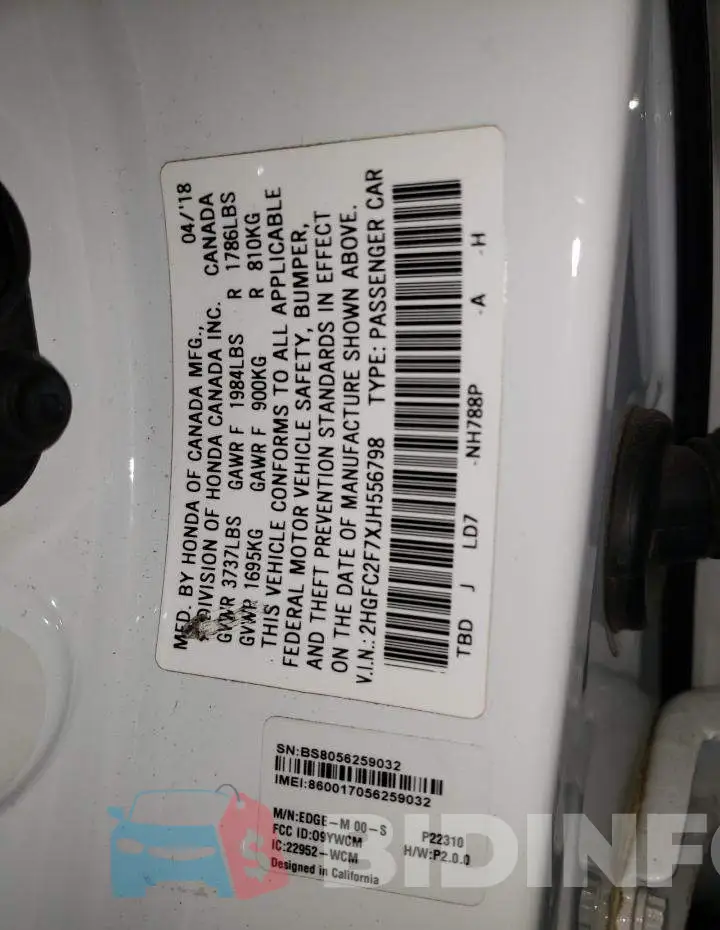 2HGFC2F7XJH556798 Photo# 13